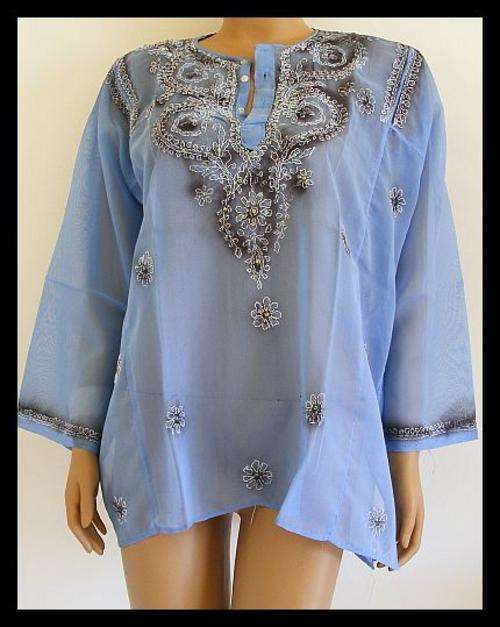PRETTY BLUE CHIFFON EMBROIDERED SHIRT - X-LARGE