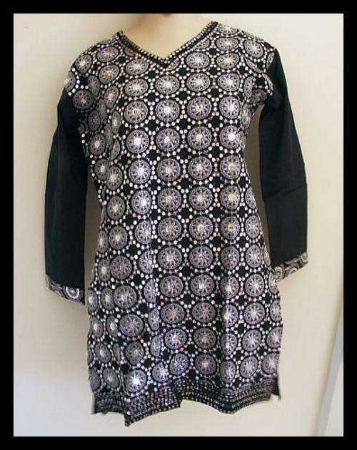*R1* - BEAUTIFUL BLACK COTTON EMBROIDERED SEQUINED LONG SHIRT - MEDIUM - IMPORTED FROM INDIA