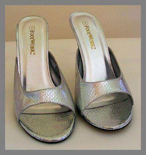 SILVER SLIP ON HIGH HEEL SANDALS FROM FOOTWORK - SIZE: 6