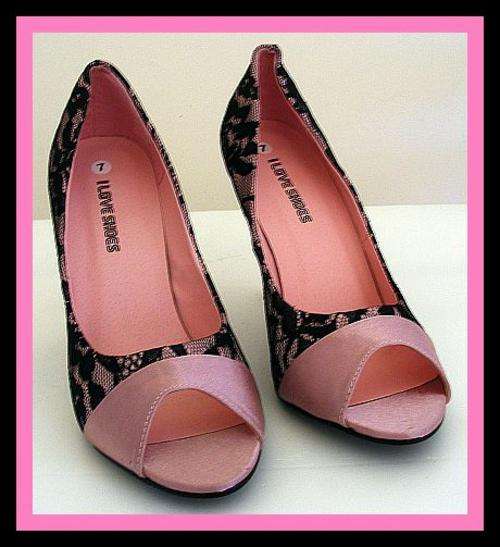 *R1* - BLACK LACE & PINK SATIN PEEP TOE SHOES - SIZE: 7