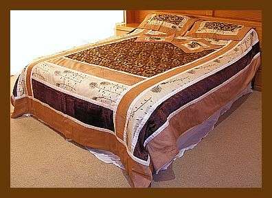 HANDMADE RAW SILK & VELVET CREAM/BROWN EMBROIDERED 5 PIECE BEDCOVER SET - QUEEN SIZE