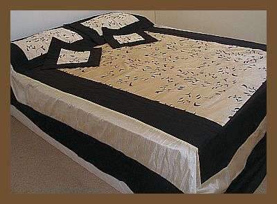 HANDMADE BROWN SILK AND CREAM MICRO SUEDE 5 PIECE BEDCOVER SET - QUEEN SIZE