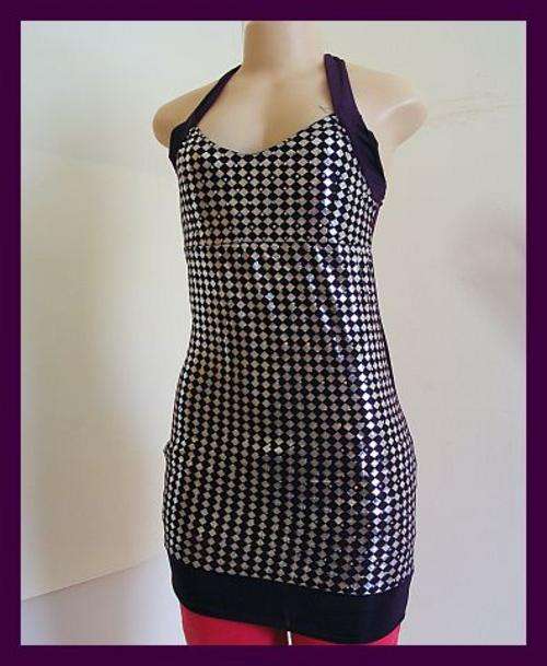 SIZE: LARGE - PURPLE AND SILVER HALTER TOP WITH BUILT IN BRA