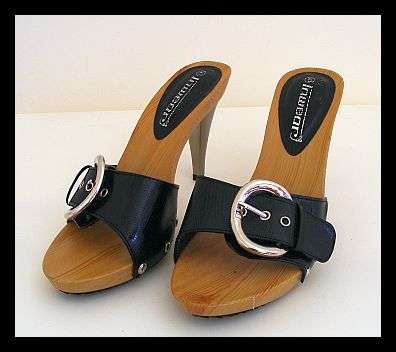 BLACK HIGH HEEL SLIP ON SANDALS WITH A SILVER HEEL FROM INWEAR - SIZE: 5