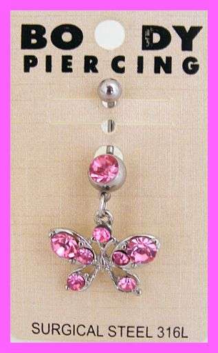 PINK BUTTERFLY JEWELLED BELLY RING