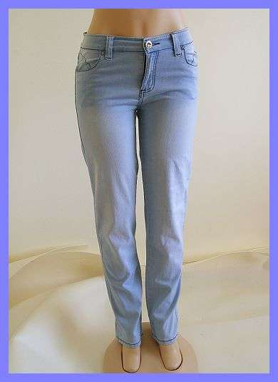 PALE BLUE STONE WASH STRETCH DENIM JEANS WITH DIAMANTE DETAIL - 34