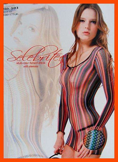 MULTI-COLOUR FISHNET LONG SLEEVE DRESS - STRETCHY - SIZE : SMALL / MEDIUM