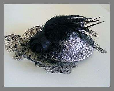 SUPER CUTE SILVER GLITTER MINI HAT WITH ROSE & LACE DETAIL
