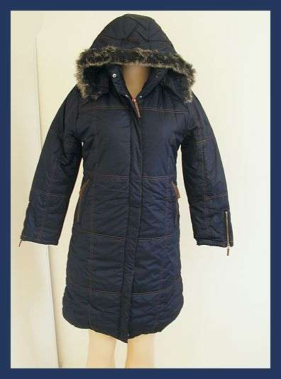 SIZE: MEDIUM - DARK BLUE QUILTED LONG JACKET WITH DETACHABLE HOOD