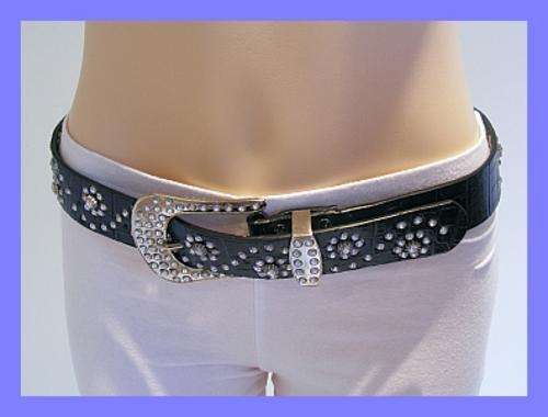 BLACK BELT WITH DIAMANTE & BUCKLE DETAIL - 100CM