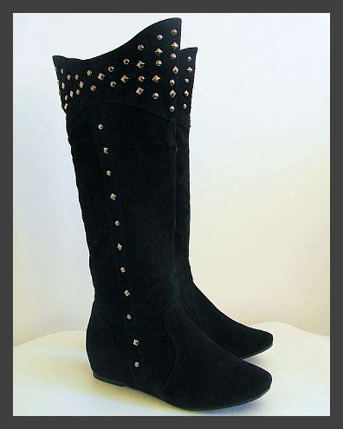 SIZE: 6 - BLACK VELVET TOUCH STUDDED LOW HEEL BOOTS