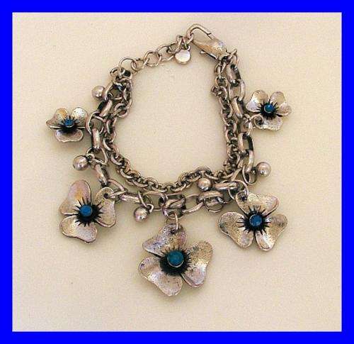 TIBETAN SILVER FLOWER CHARM BRACELET WITH BLUE CRYSTALS (Nickel Free)