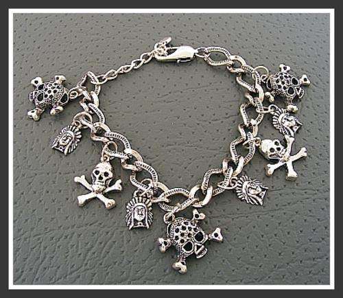 TIBETAN SILVER CHARM BRACELET WITH SKULL & CHROSSBONE CHARMS