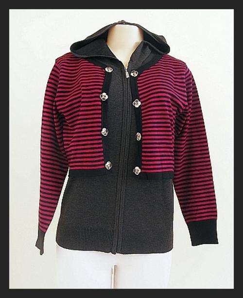 *R1* - GREY KNIT HOODED JERSEY WITH PINK STRIPED WAISTCOAT - ONE PIECE