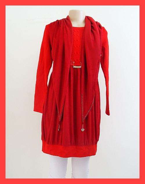 SIZE: ONE SIZE FITS ALL - RED KNIT & VELVET LONG TOP WITH MATCHING SCARF