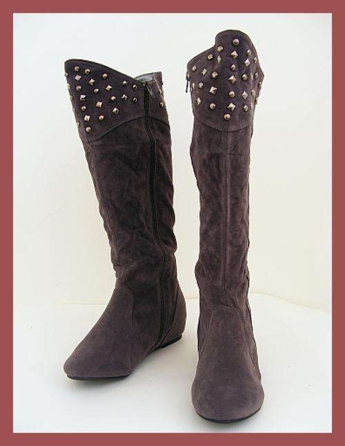SIZE: 8 - GREY VELVET TOUCH STUDDED LOW HEEL BOOTS