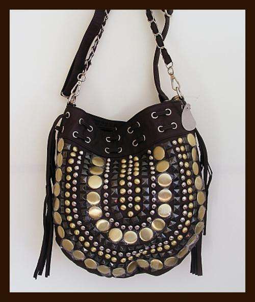 GORGEOUS BROWN STUDDED HANDBAG WITH LONG & SHORT HANDLE