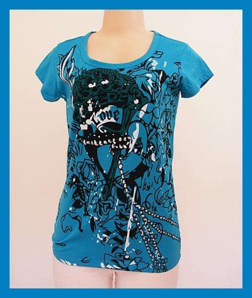 *R1* SIZE: LARGE - TURQUOISE BLUE DECORATED SUMMER T-SHIRT