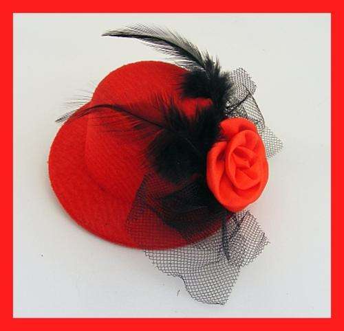 SUPER CHIC SMALL MINI HAT WITH ROSE & LACE - RED