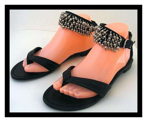 SIZE: 6 - BLACK FLAT SANDALS WITH SILVER BEAD DETAIL FROM NARA