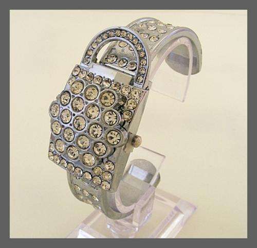 *R1* - GORGEOUS SILVER CUFF WATCH WITH LOCK AND DIAMANTE DETAIL