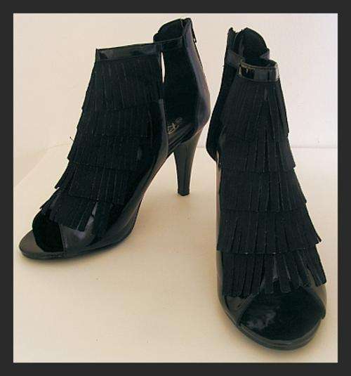 SIZE: 7 - BLACK PEEP TOE FRINGED STILETTOS FROM RAGE