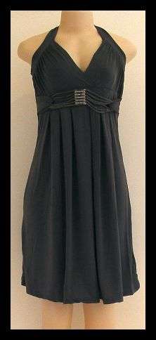 SIZE: X-LARGE - GREY HALTER NECK DRESS WITH CHAIN & RHINESTONE DETAIL