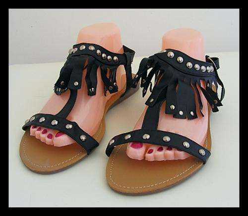 BLACK STUDDED FRINGED SANDALS - SIZE: 7