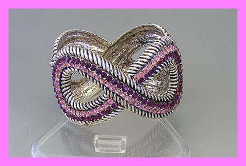 TIBETAN SILVER & PINK & PURPLE CRYSTAL HINGED BRACELET