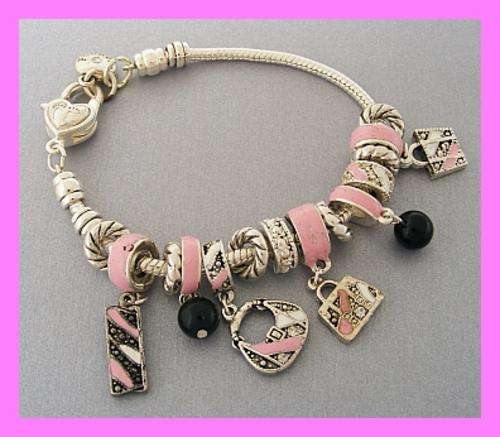 PANDORA STYLE SILVER CHARM BRACELET - PINK