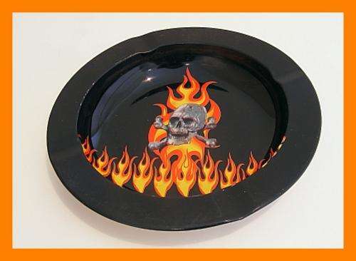 SET OF 2 FLAMING SKULL TIN ASHTRAYS