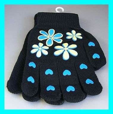TRENDY LADIES BLACK KNITTED GLOVES WITH BLUE AND YELLOW FLOWERS