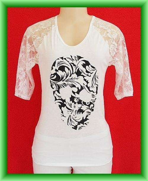 *R1* - WHITE SKULL T-SHIRT WITH LACE SLEEVES - imported