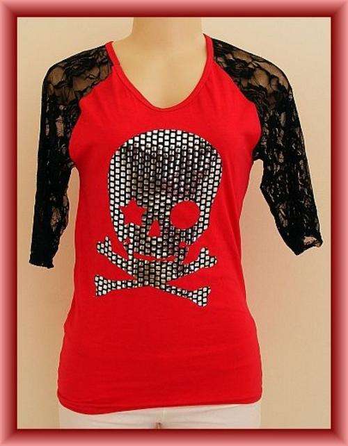 PINK SKULL T-SHIRT WITH BLACK LACE SLEEVES