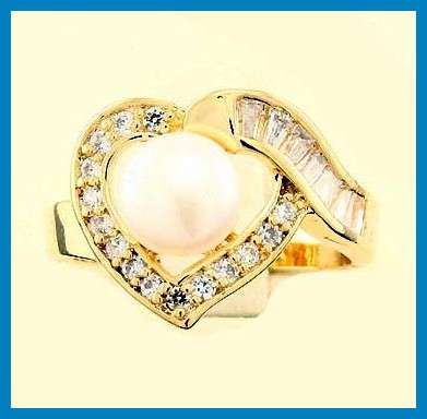 *R1* - 18K GOLD EP HEART RING WITH WHITE FRESH WATER PEARL - SIZE: 8.5