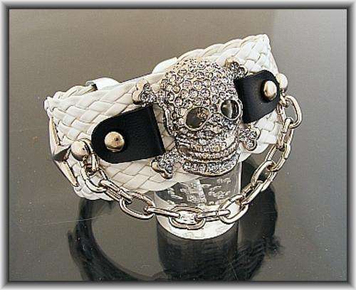 WHITE GOTH RHINESTONE SKULL CUFF BRACELET