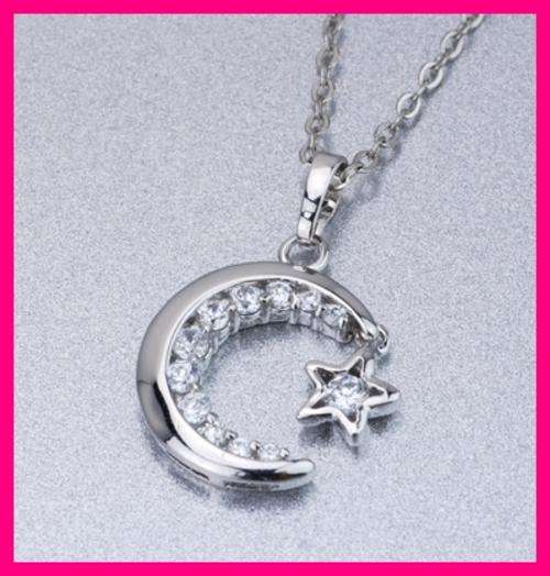 SILVER CZ MOON AND STAR PENDANT & CHAIN