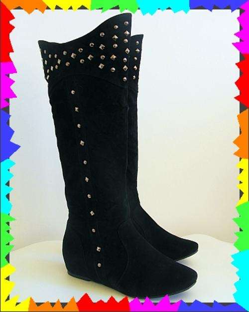 *R1* - SIZE: 8 - BLACK VELVET TOUCH STUDDED LOW HEEL BOOTS