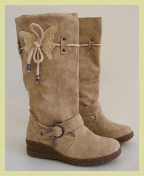 SIZE: 6 - BEIGE SOFT LEATHER TOUCH BOOTS WITH BUTTERFLY TIE DETAIL
