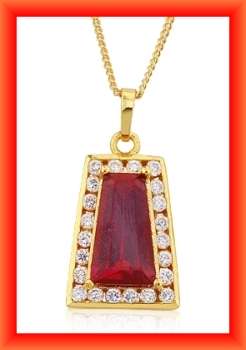 GLAMOROUS 24K GEP RUBY CZ PENDANT & CHAIN
