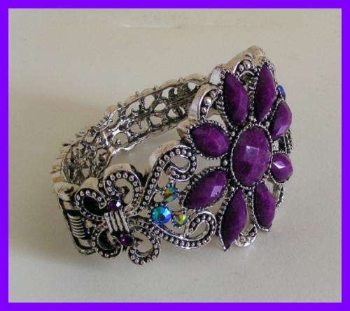 TIBETAN SILVER & PURPLE CRYSTAL HINGED BRACELET