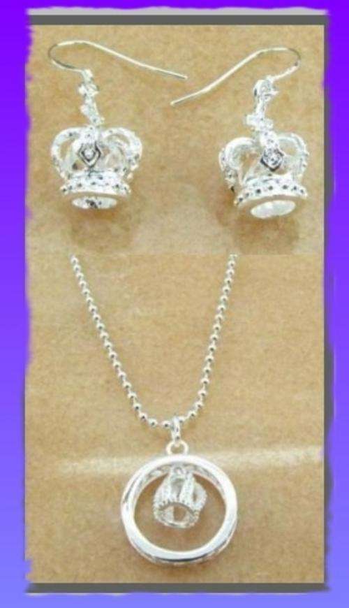 STERLING SILVER CLAD CROWN PENDANT & CHAIN & EARRINGS