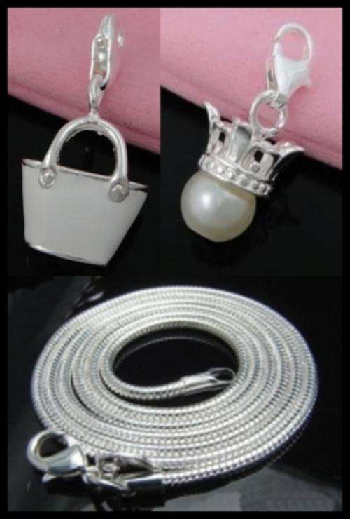 2 X SILVER CHARM PENDANTS + SNAKE CHAIN - HANBAG & PEARL CROWN