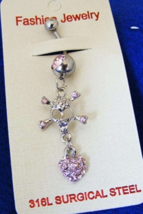 PINK CRYSTAL SKULL BELLY RING - SURGICAL STEEL
