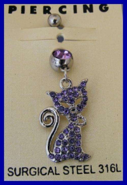 PURPLE CRYSTAL CAT BELLY RING - SURGICAL STEEL