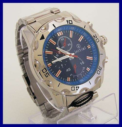 MENS INITIAL SILVER METAL WATCH WITH BLUE FACE