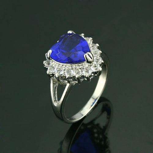 DEEP BLUE HEART CUT CZ SILVER RING - SIZE 6.25