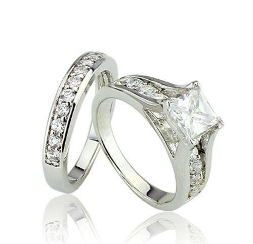 DIAMOND CUT CZ SILVER WEDDDING RING SET - SIZE 8