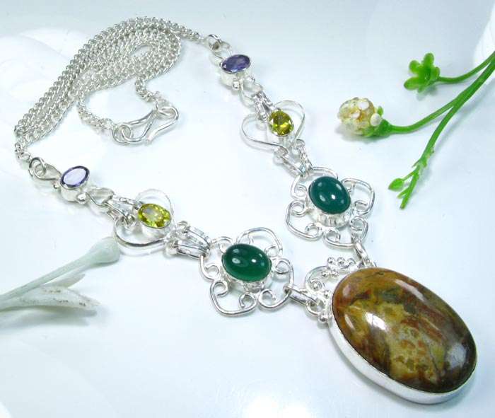 STUNNING STERLING SILVER & MULTI-GEMSTONE NECKLACE