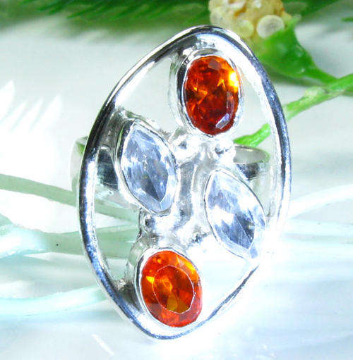 *R1* - ORANGE QUARTZ & TOPAZ SILVER RING - SIZE : 6